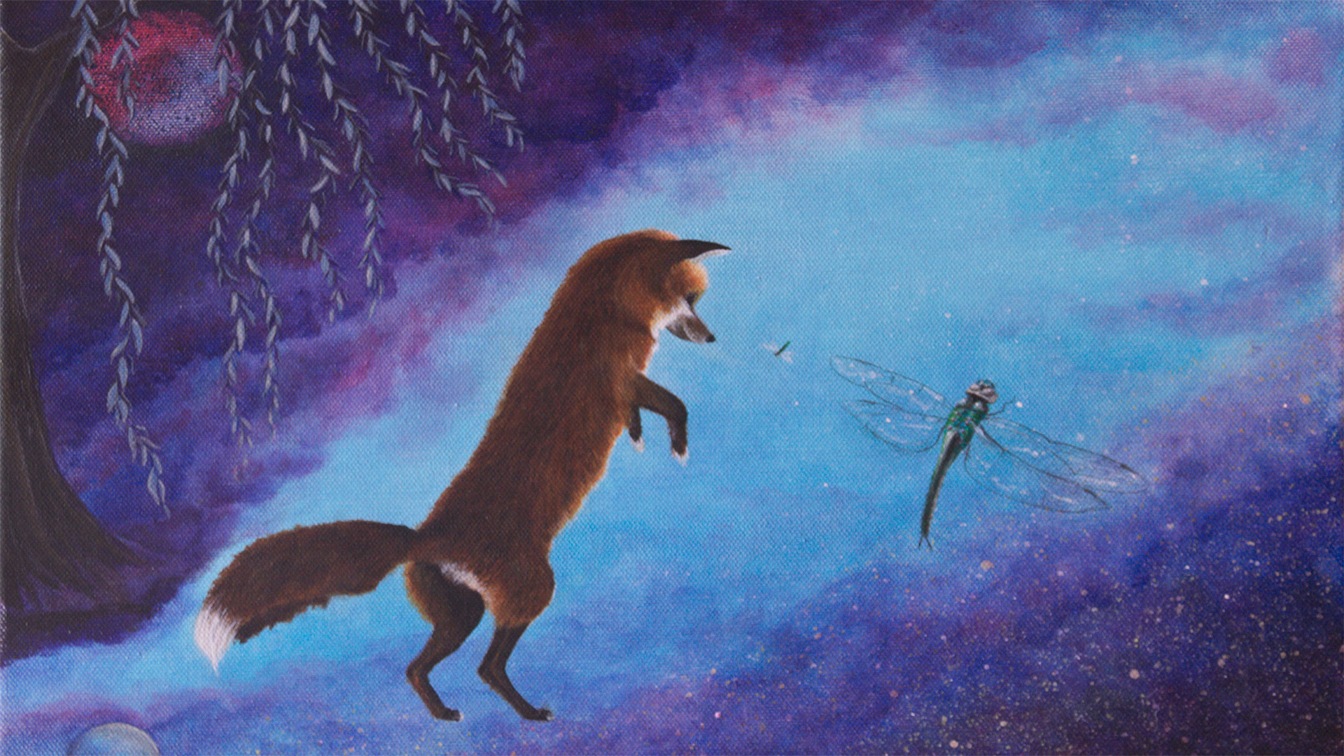 Painting of a fox chasing a firefly